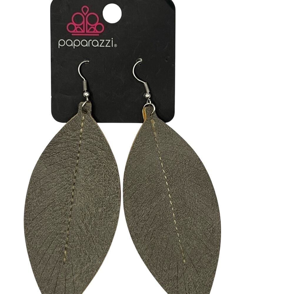 Taupe leatherette leaf look. Pararazzi pierced earrings. Fishhook